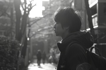 Contemplative Young Man in Sunlit Urban Street