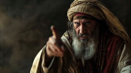 Pharisee wearing traditional pharisee clothing pointing an angry finger, biblical times.
