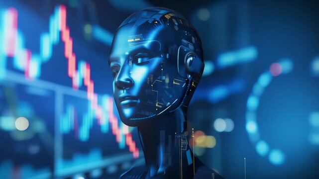 A digital robot observes financial charts, analyzing data