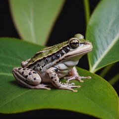 Fototapeta premium Small frog sitting on a big green jungle leaf
