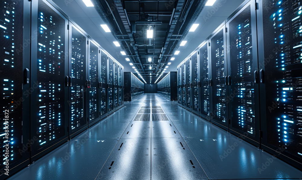 Poster modern data center with multiple rows of fully operational server racks for cloud computing, ai, and