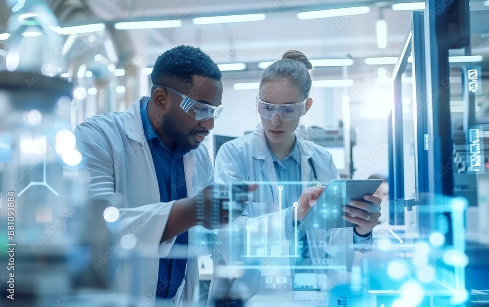 Poster engineers collaborating in a high-tech laboratory while using a tablet