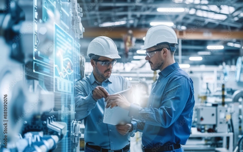 Poster two engineers working together in an industrial setting with digital interface