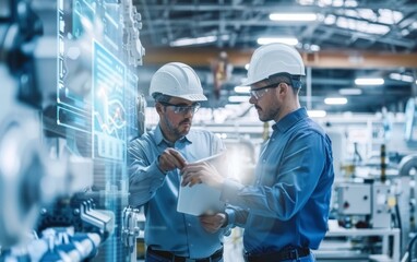 Two engineers working together in an industrial setting with digital interface