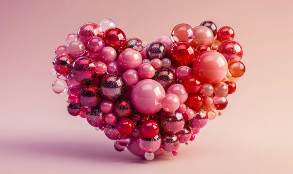 3D Render of Multicolored Spheres Forming a Love Heart, Pink and Red Glass and Metallic Balloons, Romantic Abstract Concept for Valentine's Day or Love Themes
