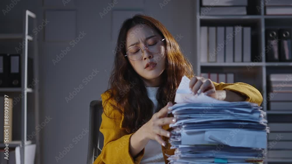Aufkleber professional office worker sorting through a large pile of documents in a busy office, organizing an
