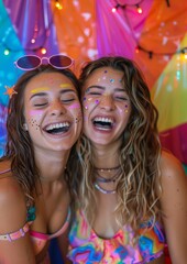 Fototapeta premium Two friends with vibrant face paint laughing in a colorful and festive environment