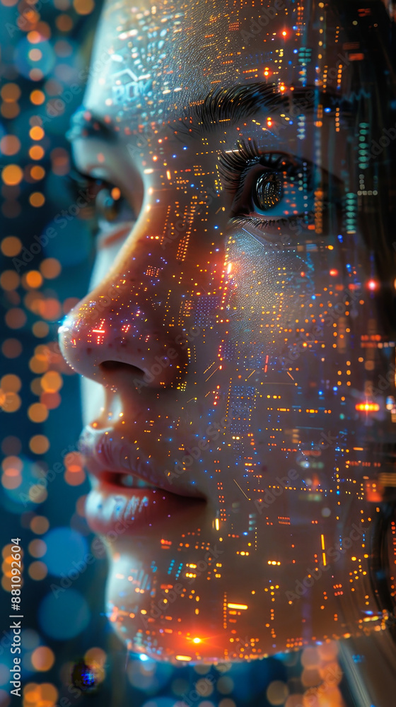 Poster futuristic human face with artificial intelligence technology integration, blending emotions and dig