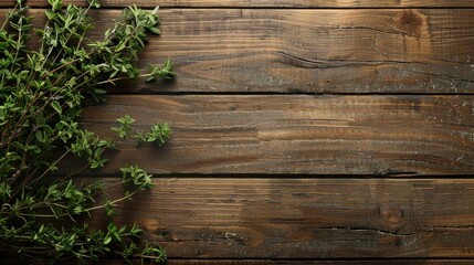 Thyme sprigs on wooden background from above with space