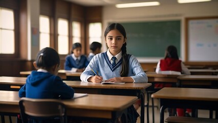 Fototapeta premium Happy student modern school girl wearing uniform holding books, Back to school