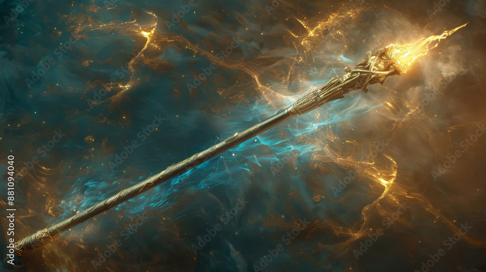 Poster a long, thin object with a yellow tip is floating in space