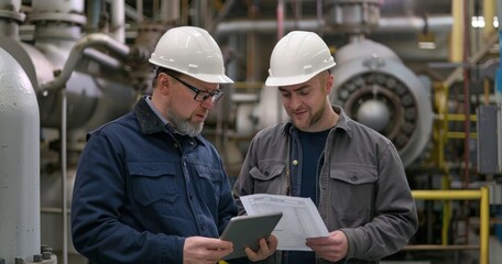 Two engineers wearing hard hats discussing project details in an industrial factory setting