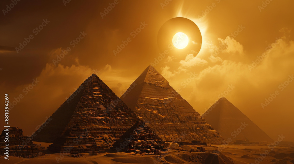 Poster the sun is setting behind the pyramids. the sky is filled with clouds and the sun is casting a warm 