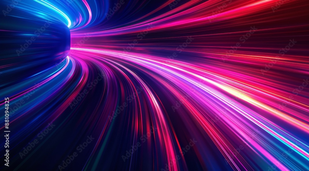 Poster abstract background with colorful glowing light lines in the shape of speed motion, red and blue col