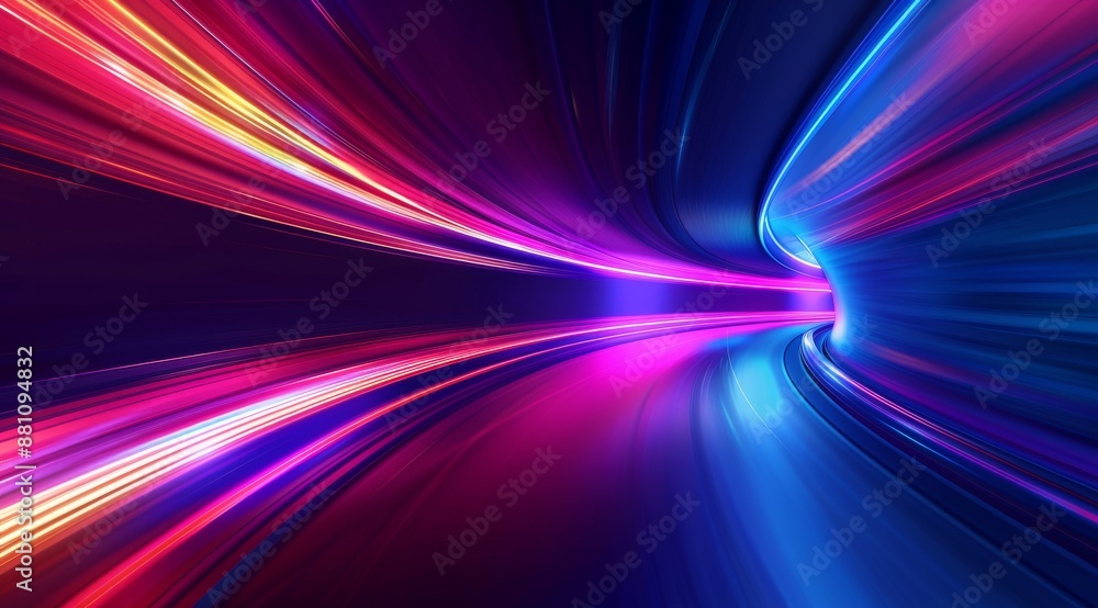 Poster abstract background with colorful glowing light lines in the shape of speed motion, red and blue col