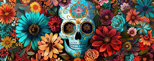 Mystical Dia de los Muertos Blank Sign Surrounded by Vibrant Floral Arrangements - Digital Painting
