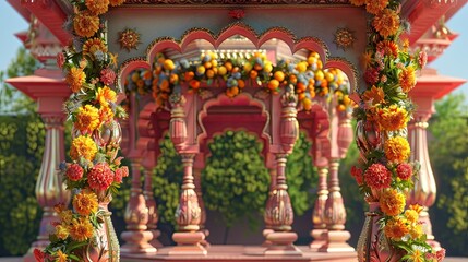 Fototapeta premium Vibrant Marigold Arches on Blank Sign - Traditional Ornate Decoration in 3D Rendering