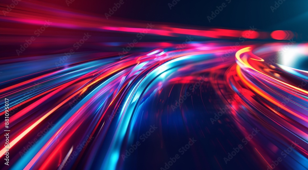 Poster abstract background with colorful glowing light lines in the shape of speed motion, red and blue col