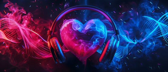 Love for Music: Heart with Headphones and Sound Waves - Abstract Modern Audio Technology Concept 
