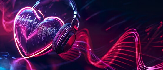 Love for Music: Heart with Headphones and Sound Waves - Abstract Modern Audio Technology Concept 
