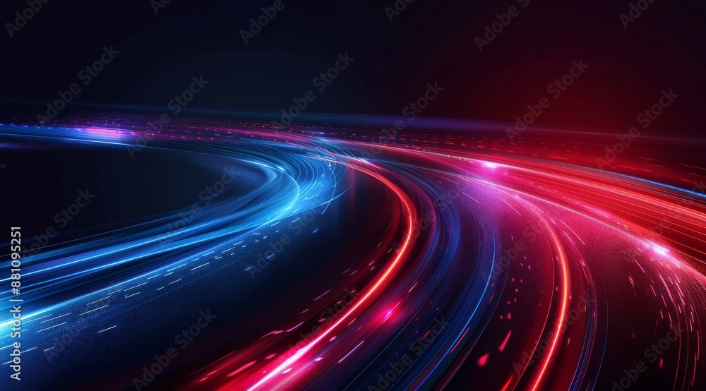 Poster abstract background with colorful glowing light lines in the shape of speed motion, red and blue col