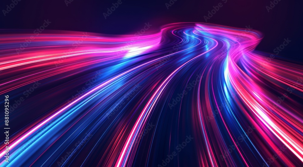 Poster abstract background with colorful glowing light lines in the shape of speed motion, red and blue col