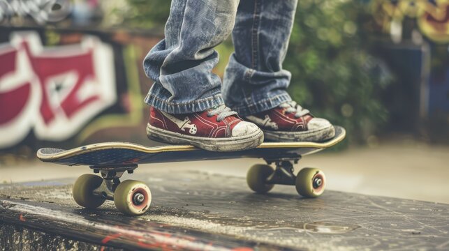 Skateboarder's Feet on a Ramp at a Skatepark