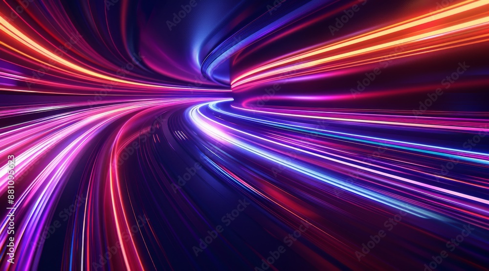 Poster abstract background with colorful glowing light lines in the shape of speed motion, red and blue col