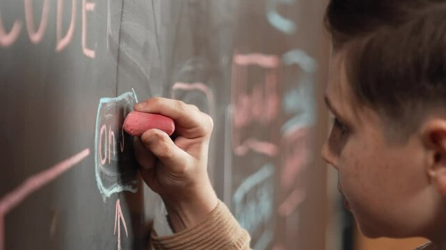 Closeup of smart student or boy writing prompt on blackboard. Child plan project and setting engineering system and brainstorm creative idea wrote on blackboard. Focus on hand. Site view. Erudition.