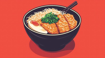 cute illustration of a bowl of katsudon with a fried pork cutlet. Anime food, anime background
