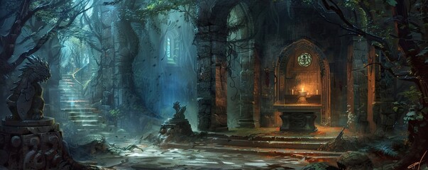 Mystical Realm of Ancient Stones: Enchanted Dungeon with Dragon Statues and Games - Fantasy Oil Painting of Mythical Arcade