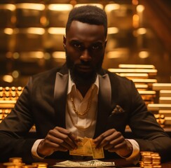 Intense African American Man in Suit Counting Money with Gold Bars in Background