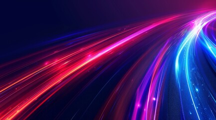 Abstract background with colorful glowing light lines in the shape of speed motion, red and blue colors, curved shapes