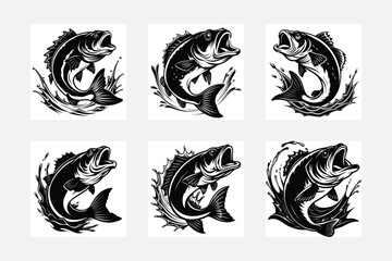 Set of wild fishes jumping 