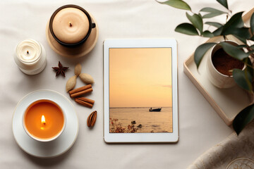 Mock-up scene of a tablet laying on table, top view, flat lay, gadget for app visualization