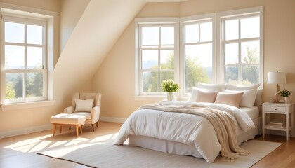 Fototapeta premium A beautiful bedroom with bed and pillows with bright sunny windows