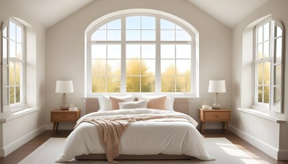 Fototapeta premium A beautiful bedroom with bed and pillows with bright sunny windows