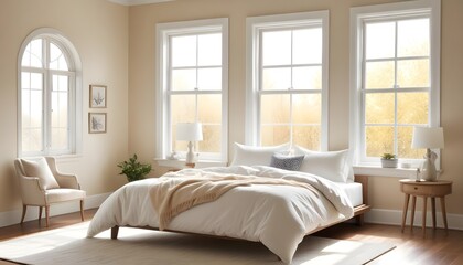 Fototapeta premium A beautiful bedroom with bed and pillows with bright sunny windows
