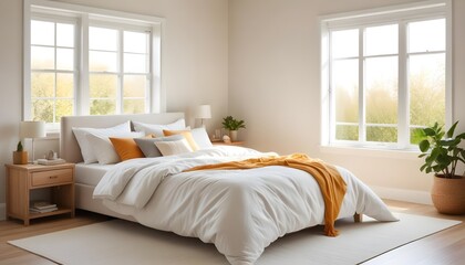 Fototapeta premium A beautiful bedroom with bed and pillows with bright sunny windows