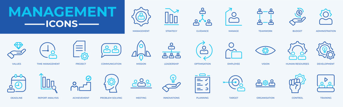 Management web icons in line style. Media, teamwork, business, planning, strategy, marketing. Vector illustration.
