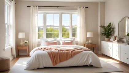 Fototapeta premium A beautiful bedroom with bed and pillows with bright sunny windows
