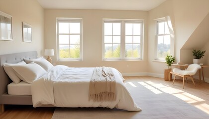 Fototapeta premium A beautiful bedroom with bed and pillows with bright sunny windows
