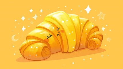 Obraz premium lively illustration of a croissant with a cute, sleepy face. Anime food, anime background