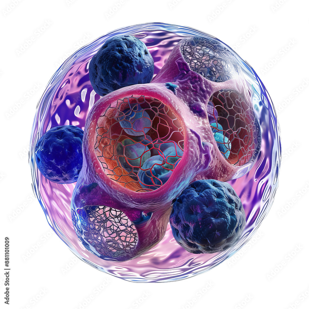 Poster high quality 3d render showing the detailed structure of human embryonic stem cells with a transpare