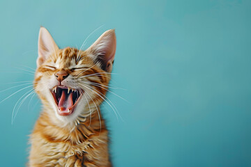 laughing cat on plain blue background, copy space