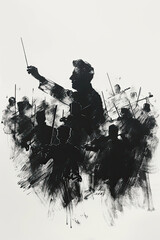 A black and white sketch of a conductor leading an orchestra