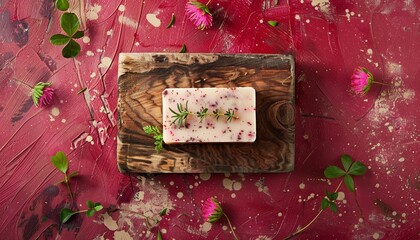 Handmade Vegan Soap Bar with Fragrant Herbs on Wooden Soap Dish, Red Brown Background, Flat Lay