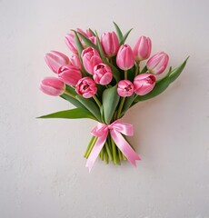 Beautiful bouquet of pink tulips for a wedding, the bouquet is tied with pink ribbons, white background, festive bouquet