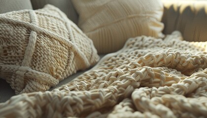 Obraz premium Close-Up of Cozy Knitted Textures with Soft Pillow and Crumpled Throw Blanket, Quiet Luxury