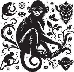 black and white illustration of a monky